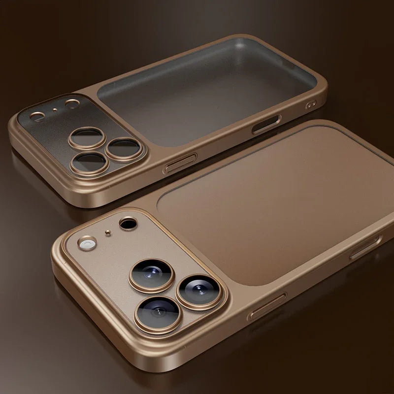 Gold-colored smartphone cases with triple camera lens cutouts, showcased on a brown surface