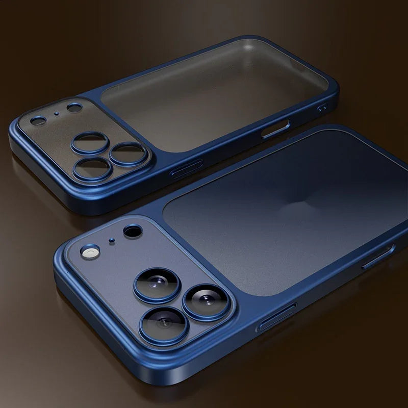 Two sleek blue smartphone cases with multi-lens camera cutouts on a dark surface, showcasing modern tech design