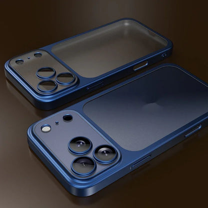 Two sleek blue smartphone cases with multi-lens camera cutouts on a dark surface, showcasing modern tech design
