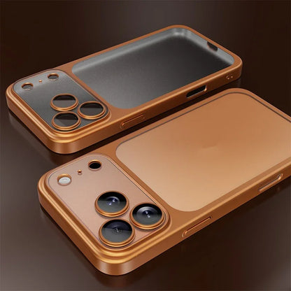 Two stylish bronze smartphone cases with triple camera cutouts displayed on a brown surface