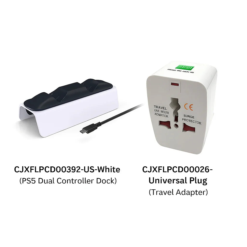 White PS5 Dual Controller Dock with USB-C cable and universal travel plug adapter with surge protector