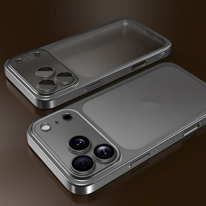 Two sleek modern smartphone cases in gray with triple camera cutouts for advanced mobile protection